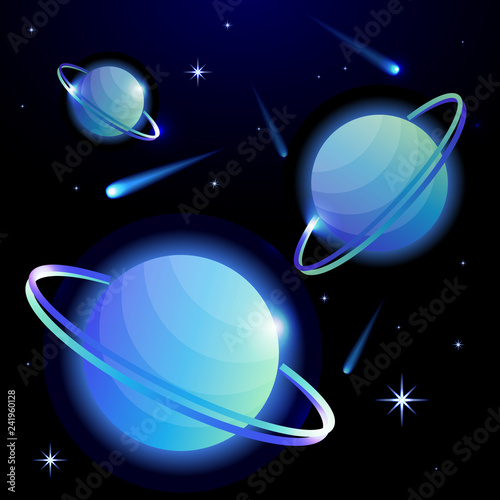 Fantastic space background with planets with ring, stars and comets. Astronomy and space, celestial objects, astrology and the universe, the space of galaxies and cosmic lights. Vector illustration.