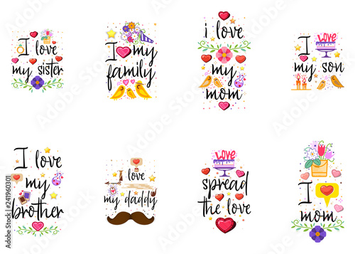 Fashion slogans - I love ... with flat design elements, for apps, interior posters, and social networks.
