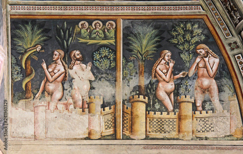 tentazione di Eva e peccato originale; affresco nella Basilica di Santa Caterina d'Alessandria a Galatina (Puglie) photo