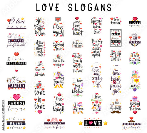 Fashion slogans - I love ... with flat design elements, for apps, interior posters, and social networks.