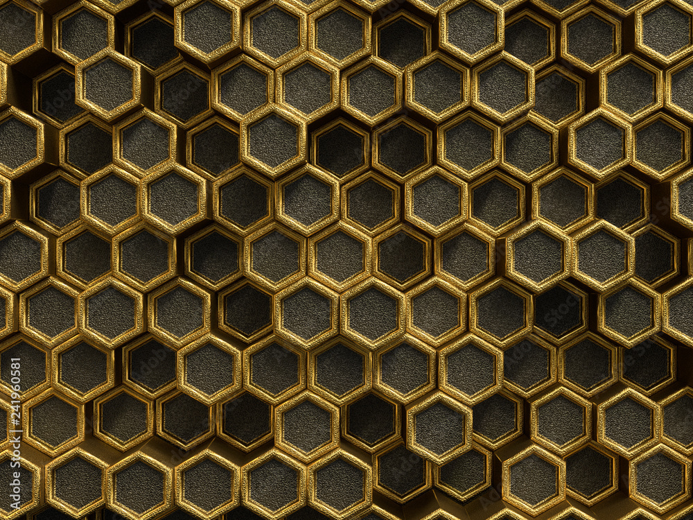 Gold and black geometric hexagon pattern, golden rough texture metallic background, 3d rendering Gold and black geometric hexagon pattern, golden rough texture metallic background, 3d rendering