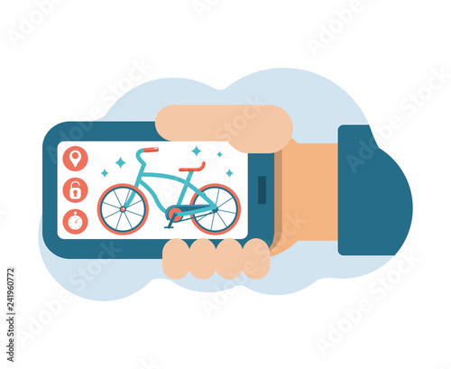 Bike sharing system. Smartphone application. Mobile icons