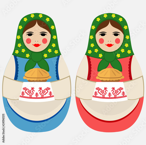 Russian nesting doll closeup. Wooden girl image Matryoshka toy icon vector illustration. Set of two.