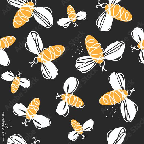Bees, hand drawn seamless pattern. Colorful backdrop with insects. Decorative colored wallpaper, good for printing. Hand drawn overlapping background, beekeeping. Design illustration vector