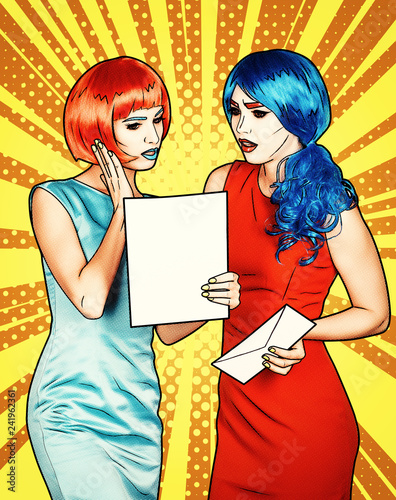 Portrait of young women in comic pop art make-up style. Females are reading letter