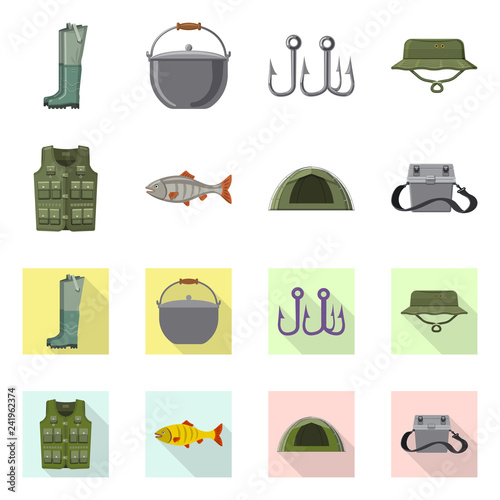 Vector illustration of fish and fishing symbol. Set of fish and equipment vector icon for stock.