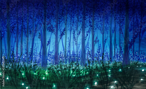 Night forest with glowing fireflies in watercolor.