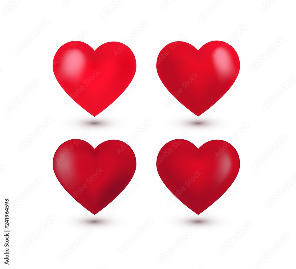 Set of four realistic red Valentine Hearts, shadow. Vector illustration.