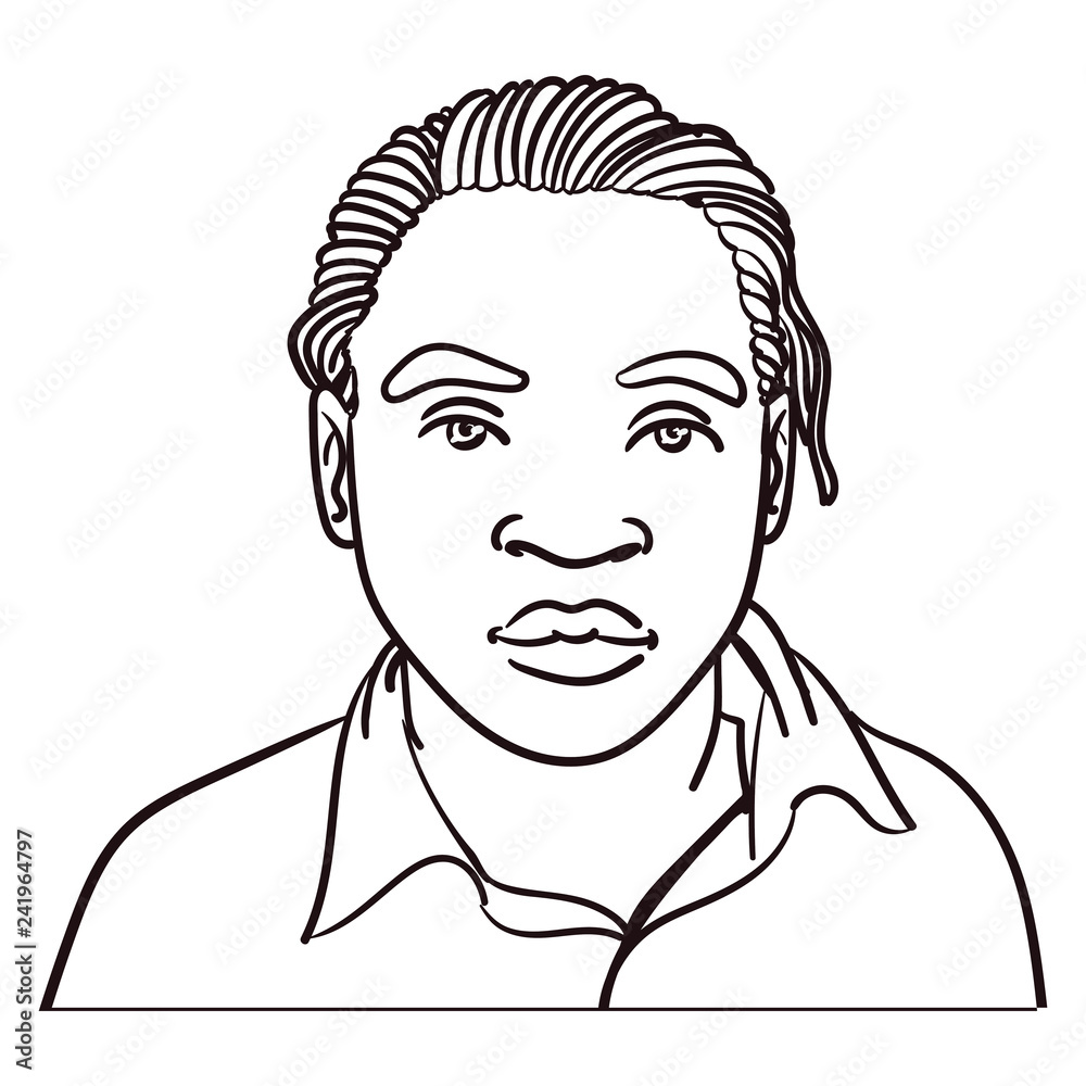 Hand-drawn head of an African-American male with long-haired camel and business shirt. frontal, profile, and from the side, neutral facial expression. ouline, comic, face, portrait.