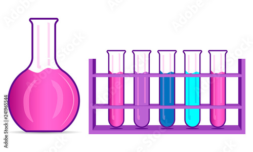Chemisrty Flask and Beaker Set. Flat Illustration. Chemical Sciense Laboratory Equipment. Scientific Test Research and Analysis. Pharmaceutical Infographic Biotech Microbiology Process.
