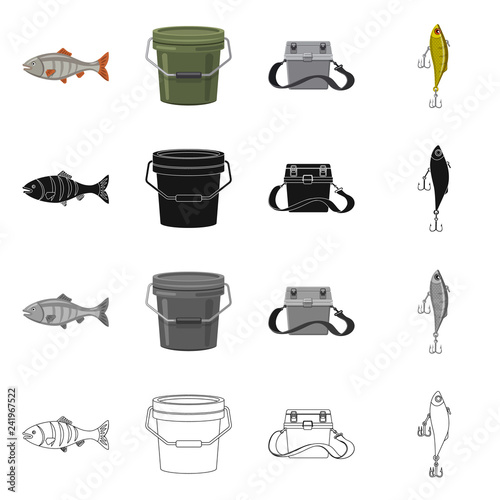 Vector design of fish and fishing symbol. Collection of fish and equipment stock symbol for web.