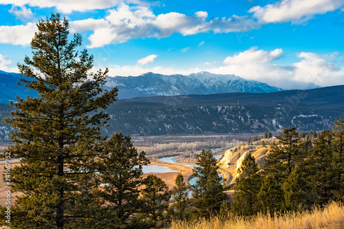 Columbia River valley in the East Kootenays near Radium Hot Springs British Columbia Canada in the early winter with the Purcell Mountains in the background.