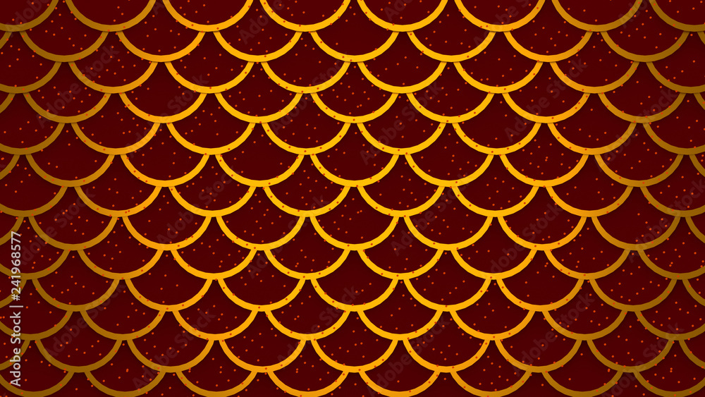 Golden fish scales bright red cells pattern marine background 3D illustration Golden fish scales bright red cells pattern marine background 3D illustration
