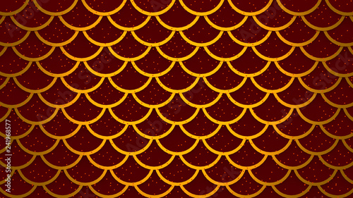Golden fish scales bright red cells pattern marine background 3D illustration
