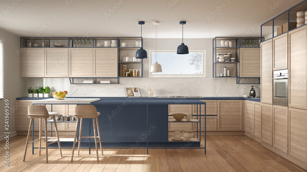 Modern white and blue kitchen with wooden details and parquet floor
