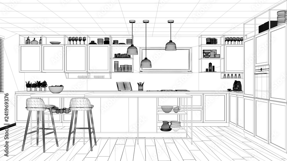 Interior design project, black and white ink sketch, architecture blueprint showing modern kitchen, island with stools and accessories, contemporary architecture