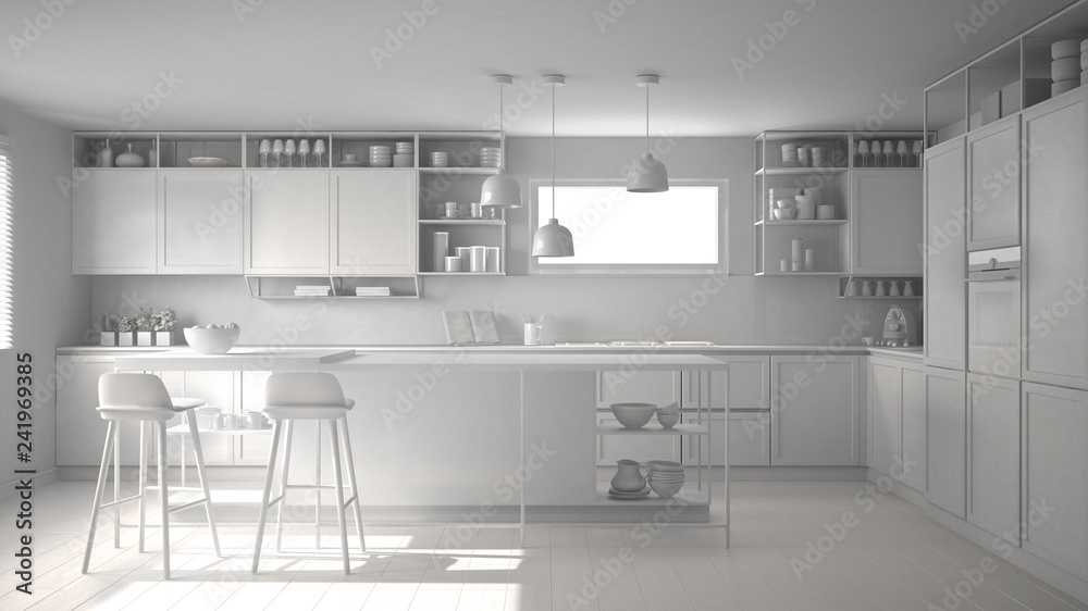 Total white project of kitchen with wooden details and parquet floor, modern pendant lamps, minimalistic interior design concept idea, island with stools and accessories Total white project of kitchen with wooden details and parquet floor, modern pendant lamps, minimalistic interior design concept idea, island with stools and accessories