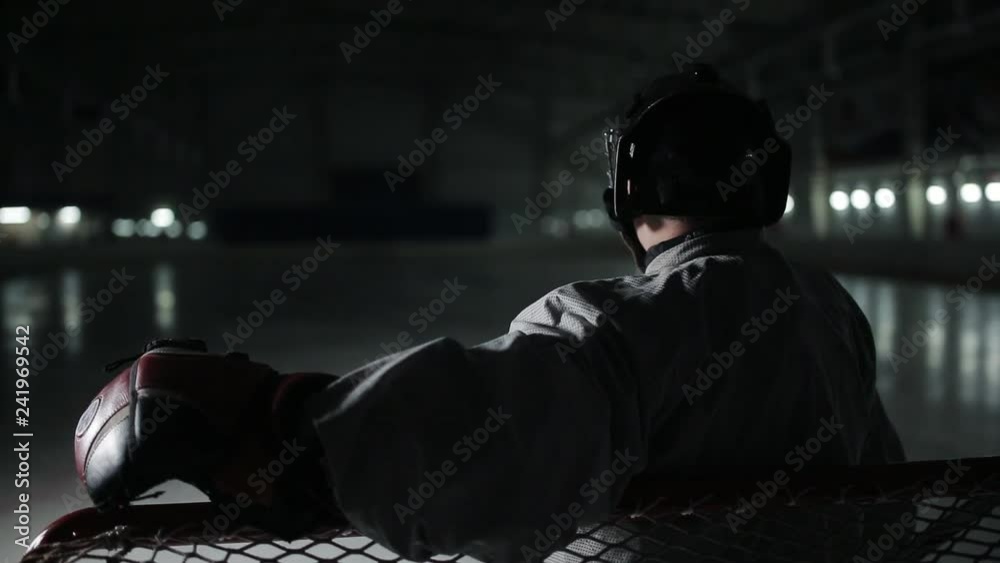 Goalie hockey player stands at the gate and watching the player on the field Goalie hockey player stands at the gate and watching the player on the field