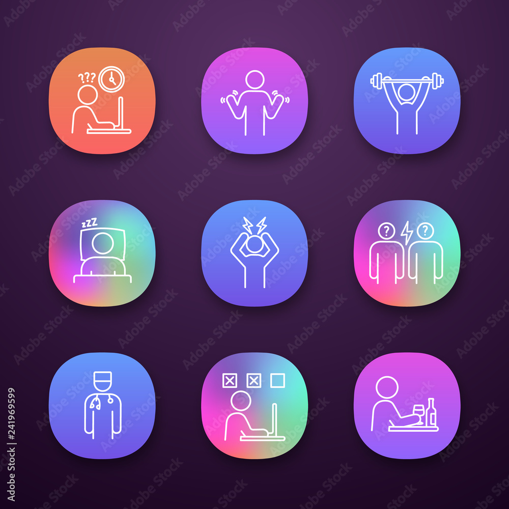 Emotional stress app icons set Emotional stress app icons set