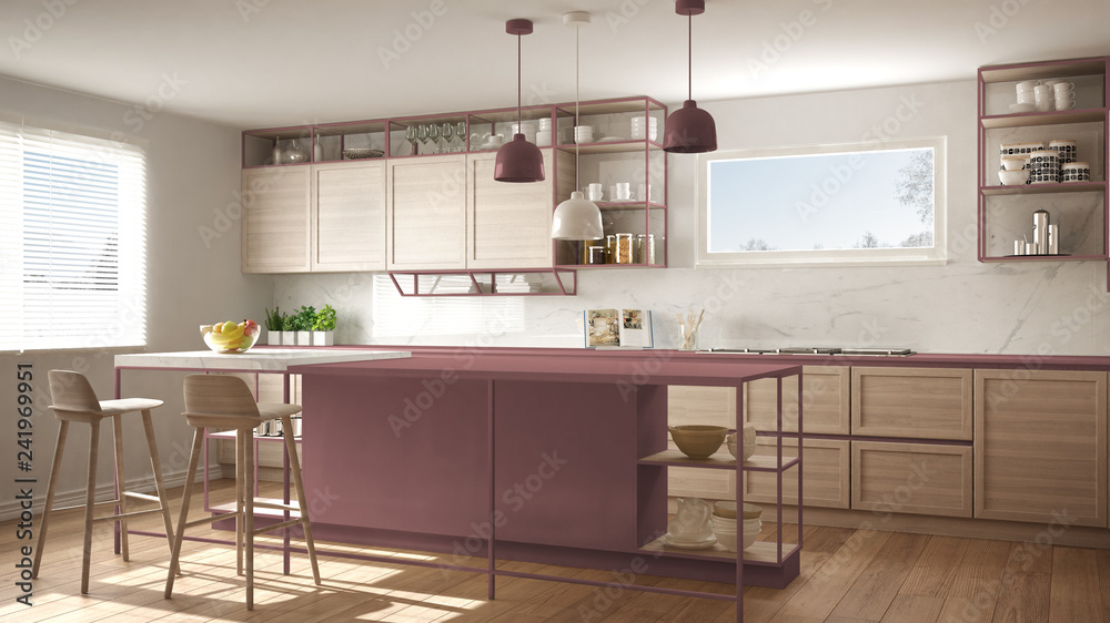 Modern white and red kitchen with wooden details and parquet floor, modern pendant lamps, minimalistic interior design concept idea, island with stools and accessories Modern white and red kitchen with wooden details and parquet floor, modern pendant lamps, minimalistic interior design concept idea, island with stools and accessories