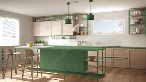 Modern white and green kitchen with wooden details and parquet floor, modern pendant lamps, minimalistic interior design concept idea, island with stools and accessories © ArchiVIZ