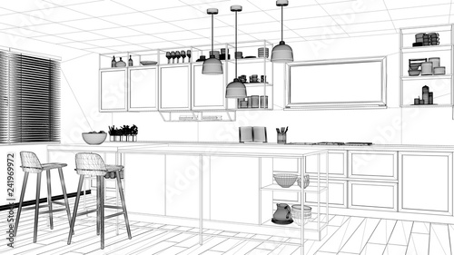 Interior design project, black and white ink sketch, architecture blueprint showing modern kitchen, island with stools and accessories, contemporary architecture