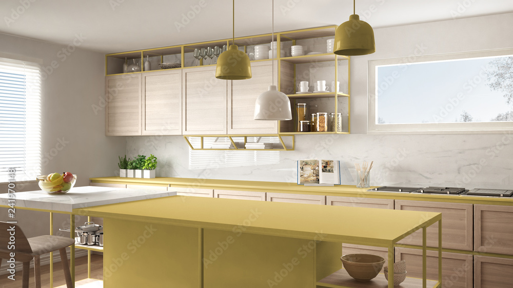 Modern white and yellow kitchen with wooden details and parquet floor ...