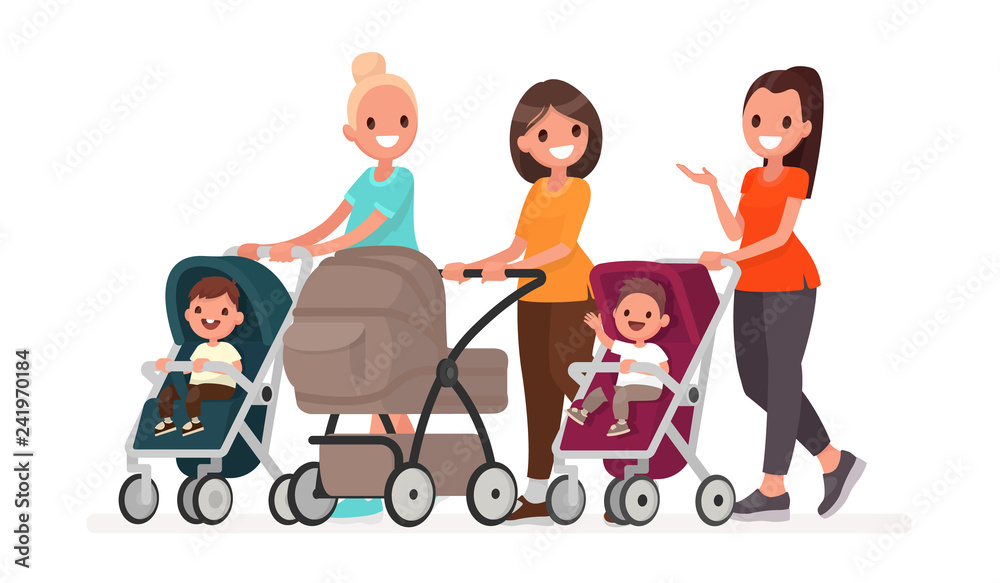 Group of moms communicate and ride toddlers in prams. Walk of young mothers with children Group of moms communicate and ride toddlers in prams. Walk of young mothers with children