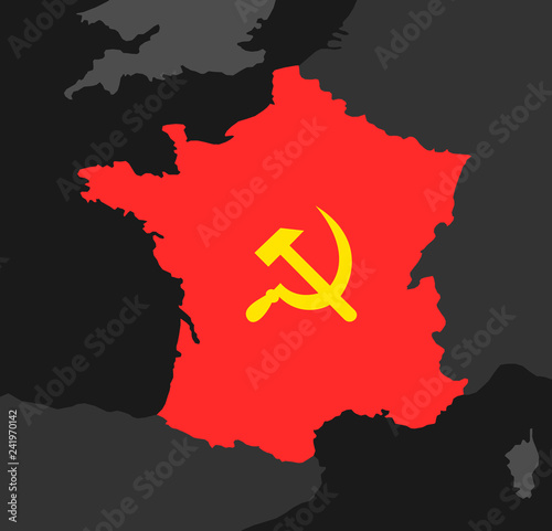 Socialism and communism in France - left and left-wing French politics and politician. Vector illustration of red map and sickle with hammer.