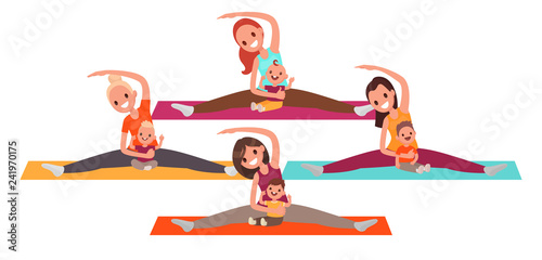 Group of young mothers doing yoga with the kids. Women do fitness with children