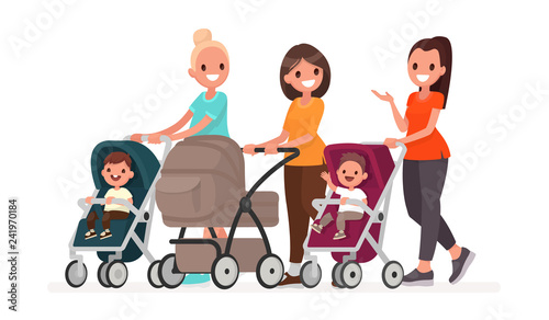 Group of moms communicate and ride toddlers in prams. Walk of young mothers with children