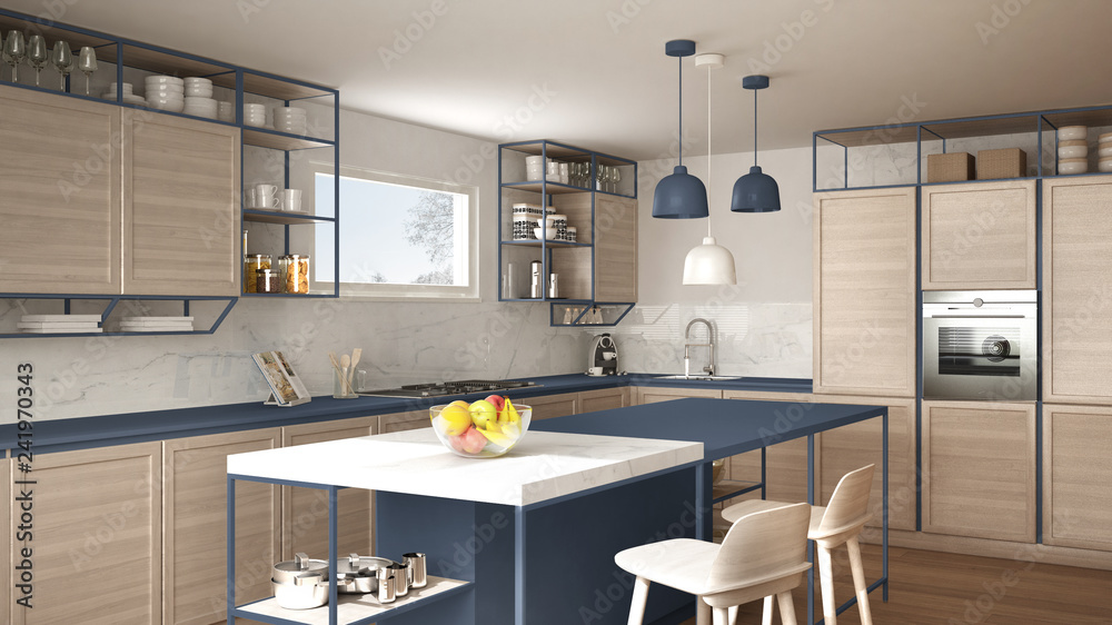 Modern white and blue kitchen with wooden details and parquet floor