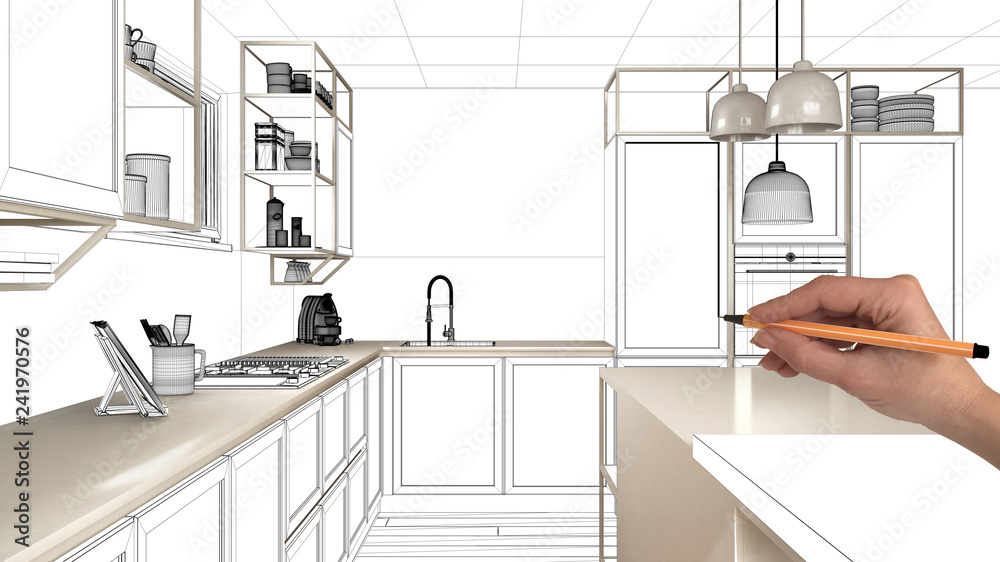 Unfinished project, under construction draft, concept interior design sketch,  hand drawing real kitchen sketch with blueprint background, architect and  designer idea Stock Photo