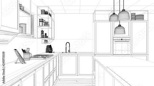 Interior design project, black and white ink sketch, architecture blueprint showing modern kitchen, island with stools and accessories, contemporary architecture