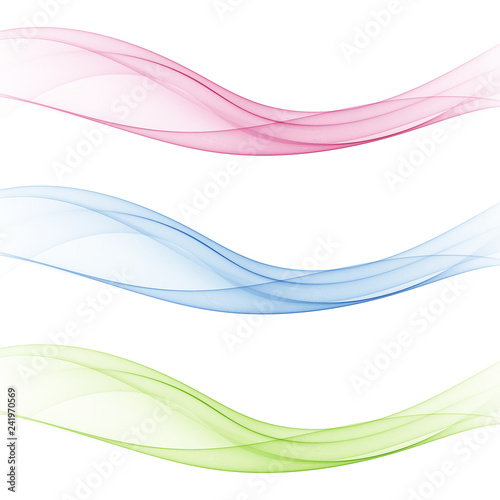 Abstract soft speed futuristic swoosh wave. Three minimalistic divider swoosh lines in gradient green  pink  blue color. Vector illustration