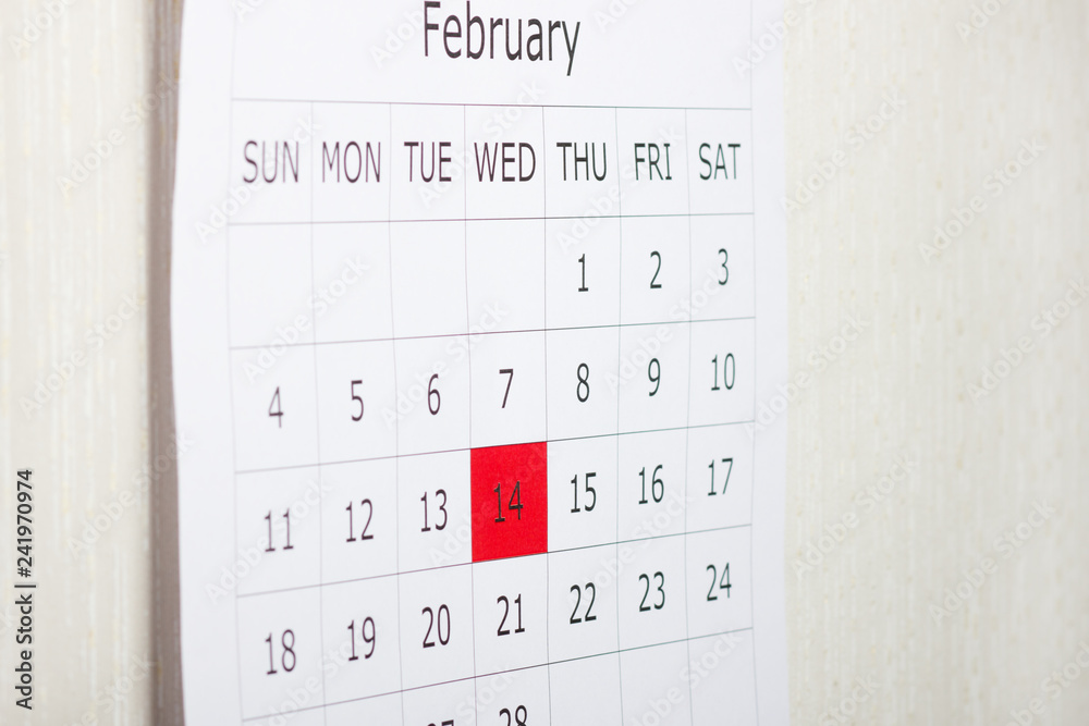 Calendar holiday February 14th Valentine's day is highlighted in red