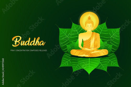 monk phra buddha pray sit concentration composed release on pho leaf religion culture faith vector illustration eps10