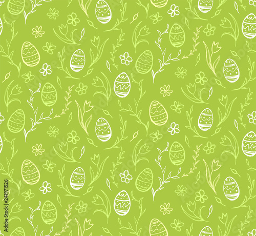 Seamless pattern sketches of easter eggs and flowers on green background.