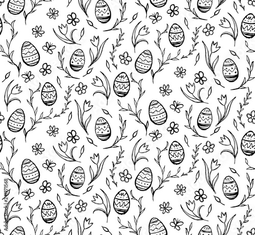 Seamless pattern sketches of easter eggs and flowers.