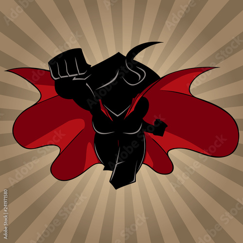 Front view silhouette illustration of determined and powerful superheroine wearing red cape while flying over abstract background.