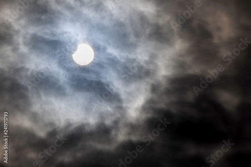 部分日食、2019年1月6日11時頃の曇り空の間からきれいに欠けているのを見ることができました。