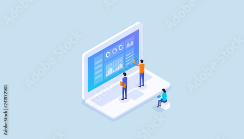 isometric  business team  analyst  report graph  on laptop monitor concept monitor and  business team working