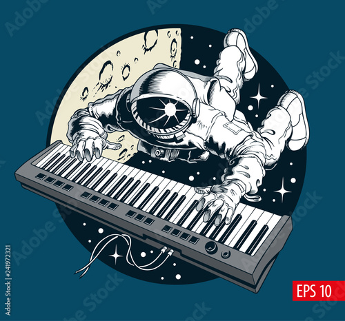 Astronaut playing piano synthesizer in space, space tourist photo
