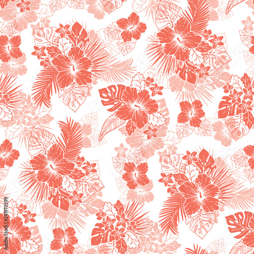 Coral Tropical Exotic Foliage and Hibiscus Floral Vector Seamless Pattern. Line Drawing on White Background.