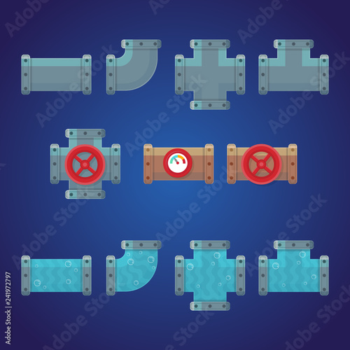 Set of pipes plumbing. Elements for games and mobile applications. Vector illustration in cartoon style.