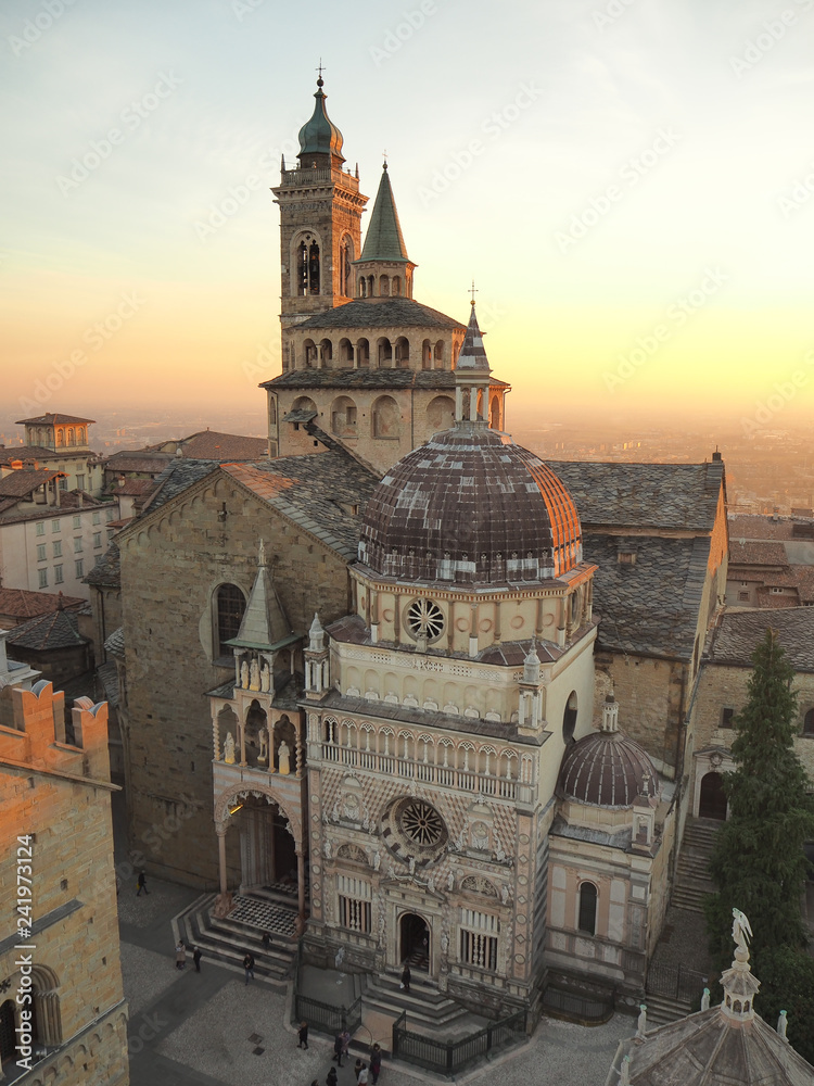 Bergamo, Italy. The old town. Aerial view of the Basilica of Santa Maria Maggiore and the chapel Colleoni during the sunset