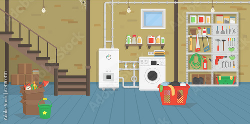  Basement with boiler, washer, stairs, shelf with tools. Vector illustration of flat cartoon style.