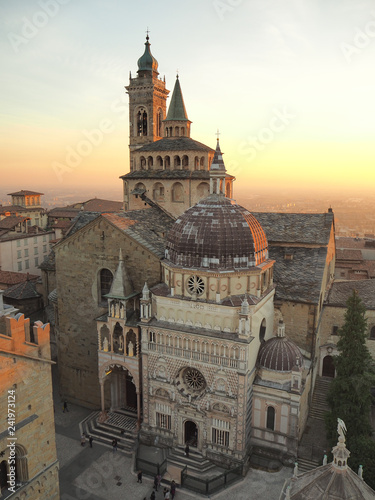 Bergamo, Italy. The old town. Aerial view of the Basilica of Santa Maria Maggiore and the chapel Colleoni during the sunset