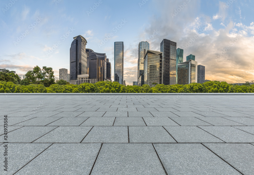 Panoramic skyline and buildings with empty square floor. Panoramic skyline and buildings with empty square floor.