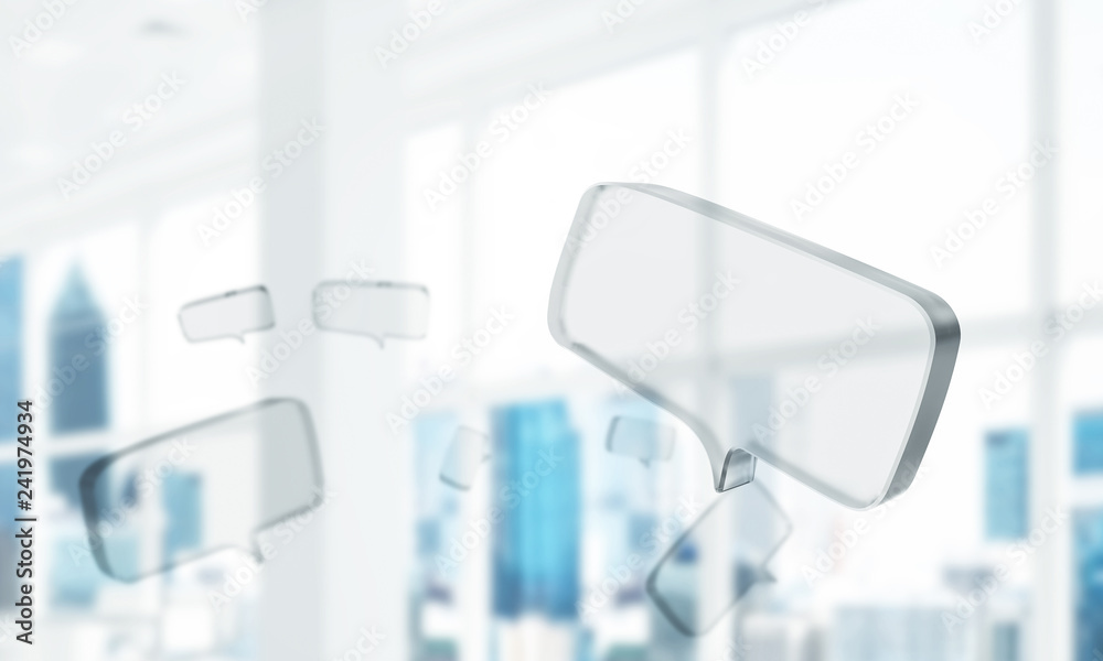 Concept of communication by glass empty chat icon on office back